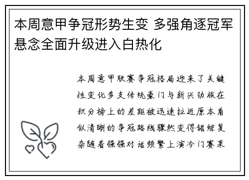 本周意甲争冠形势生变 多强角逐冠军悬念全面升级进入白热化 本周意甲争冠形势生变 多强角逐冠军悬念全面升级进入白热化
